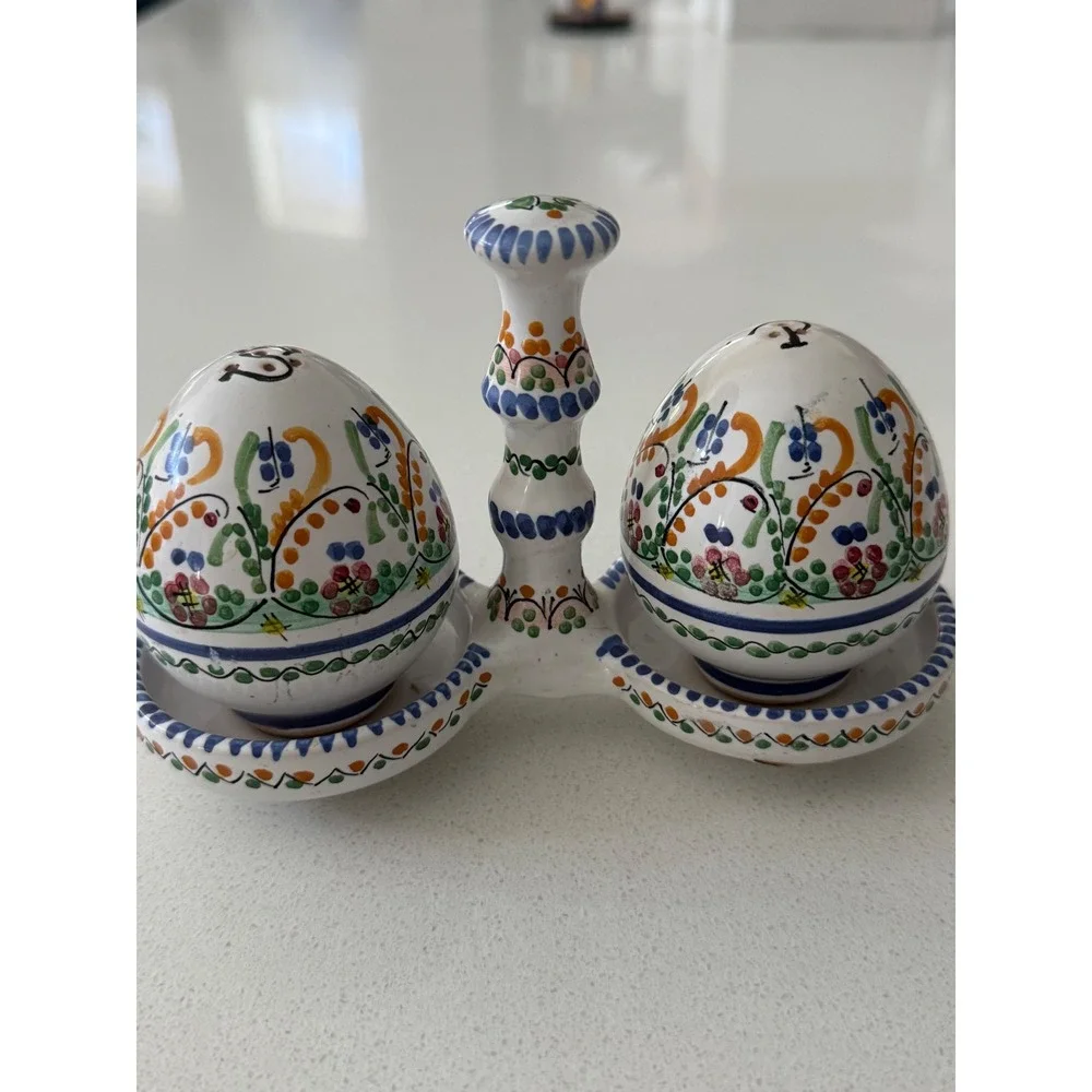 Vtg Sevilla Cruz Hand Painted Ceramic Salt and Pepper Shakers with Caddy Spain